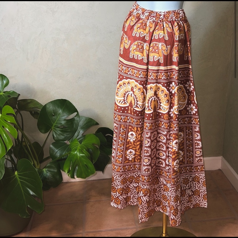 Long flowy skirt, elephant designs, earth tone colors, jingle bell tie waist, XS